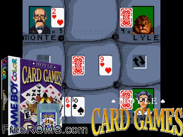 Hoyle Card Games Gameboy Color game showing 3D box cover and gameplay screenshot