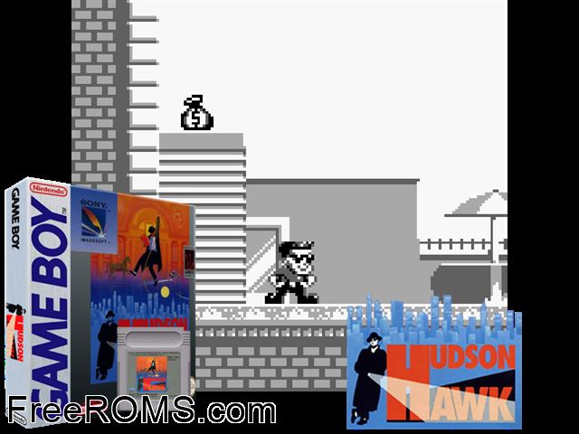 Hudson Hawk Gameboy Color game showing 3D box cover and gameplay screenshot