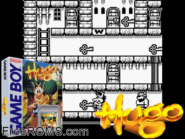 Hugo Gameboy Color game showing 3D box cover and gameplay screenshot