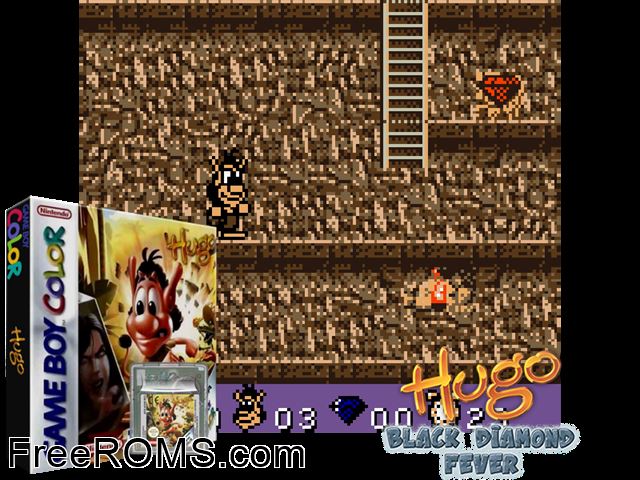Hugo - Black Diamond Fever Gameboy Color game showing 3D box cover and gameplay screenshot