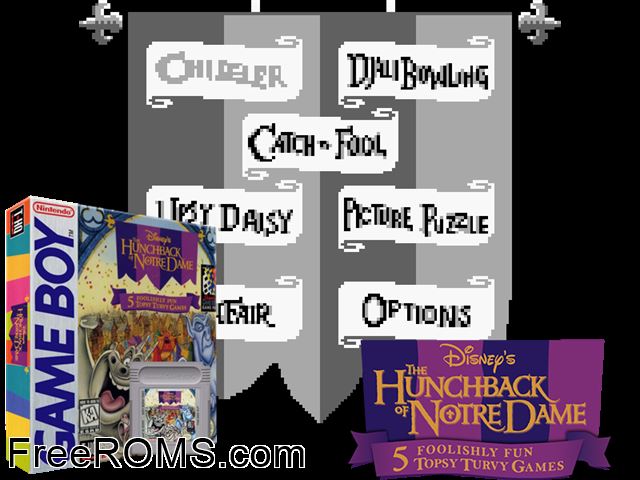Hunchback Of Notre Dame, The - Topsy Turvy Games Gameboy Color game showing 3D box cover and gameplay screenshot