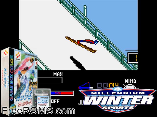 Hyper Olympic Winter 2000 (Japan) Gameboy Color game showing 3D box cover and gameplay screenshot