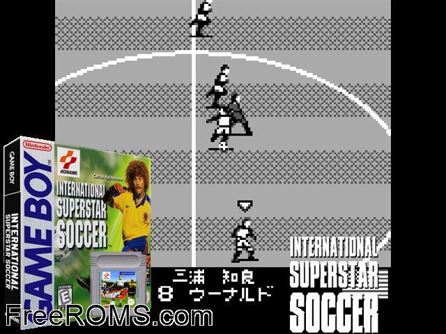 International Superstar Soccer Gameboy Color game showing 3D box cover and gameplay screenshot