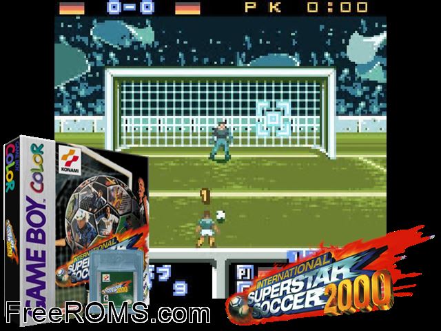 International Superstar Soccer 2000 Gameboy Color game showing 3D box cover and gameplay screenshot