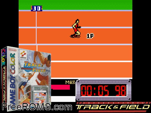 International Track And Field (German) Gameboy Color game showing 3D box cover and gameplay screenshot