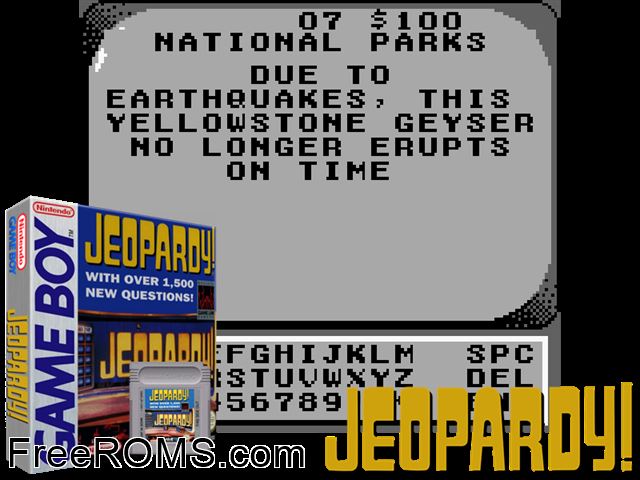 Jeopardy! Gameboy Color game showing 3D box cover and gameplay screenshot