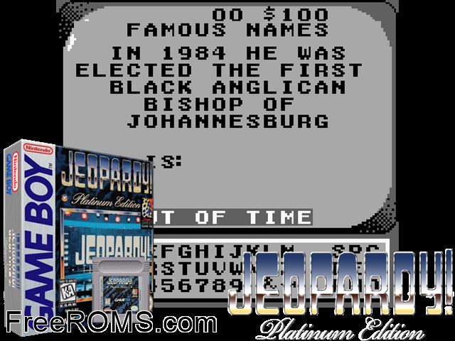Jeopardy! - Platinum Edition Gameboy Color game showing 3D box cover and gameplay screenshot
