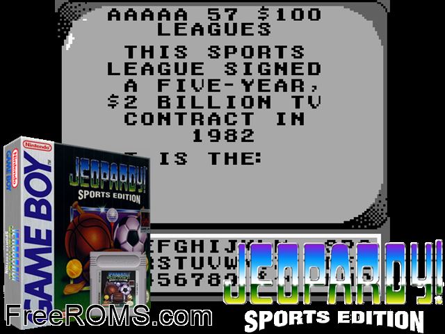 Jeopardy! - Sports Edition Gameboy Color game showing 3D box cover and gameplay screenshot