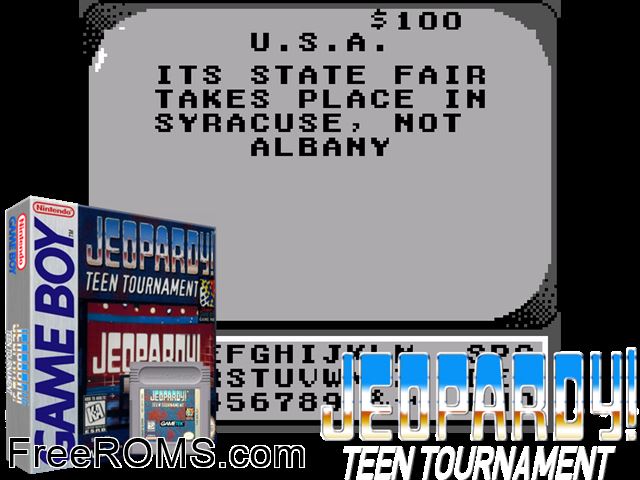 Jeopardy! - Teen Tournament Gameboy Color game showing 3D box cover and gameplay screenshot