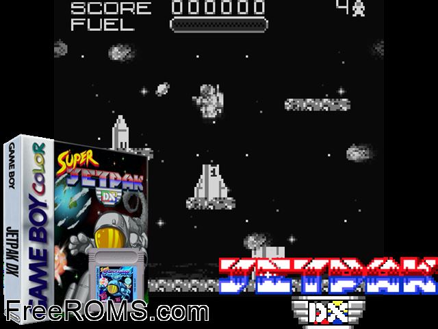 Jetpak Dx (Public Domain) Gameboy Color game showing 3D box cover and gameplay screenshot