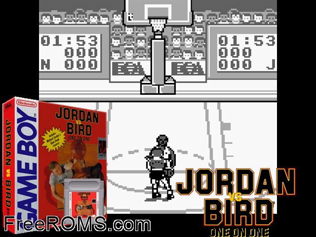 Jordan Vs Bird - One-On-One Gameboy Color game showing 3D box cover and gameplay screenshot