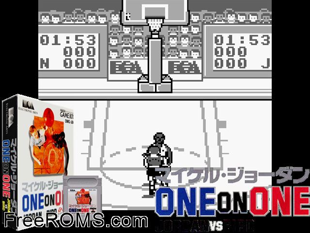 Jordan Vs Bird - One-On-One (Japan) Gameboy Color game showing 3D box cover and gameplay screenshot
