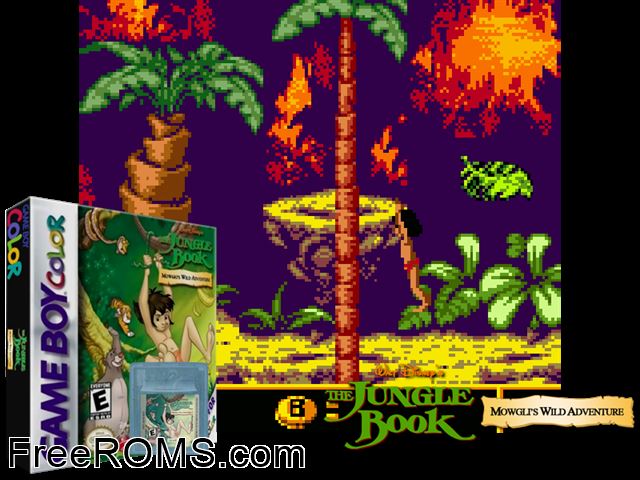 Jungle Book, The - Mowglis Wild Adventure Gameboy Color game showing 3D box cover and gameplay screenshot