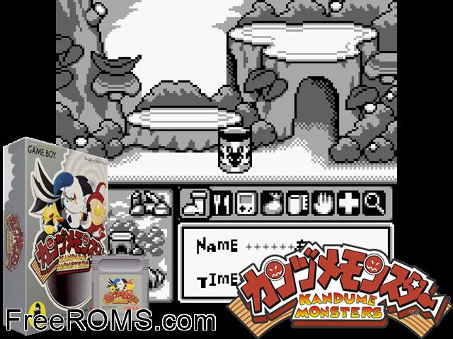 Kandume Monsters (Japan) Gameboy Color game showing 3D box cover and gameplay screenshot