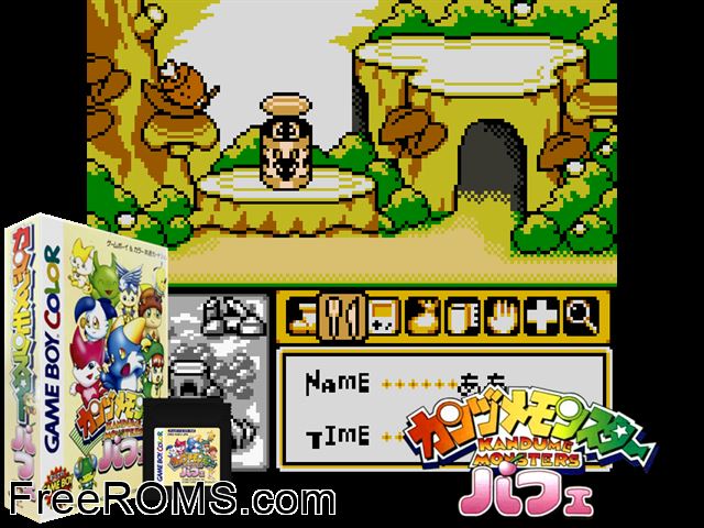 Kandume Monsters Parfait (Japan) Gameboy Color game showing 3D box cover and gameplay screenshot