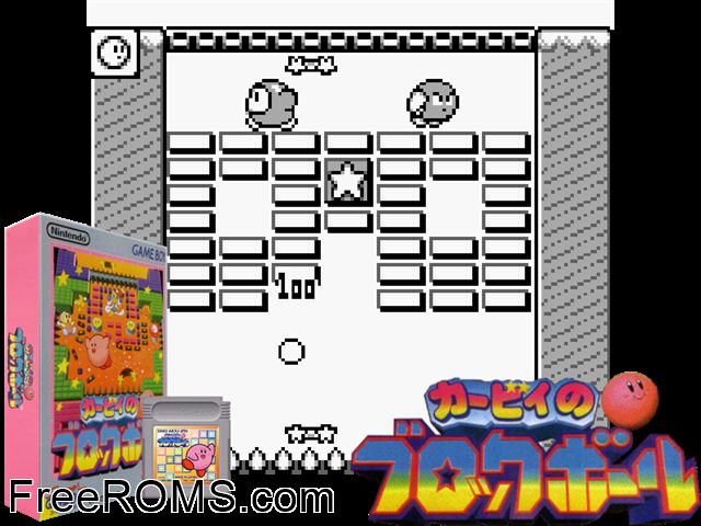 Kirby No Block Ball (Japan) Gameboy Color game showing 3D box cover and gameplay screenshot
