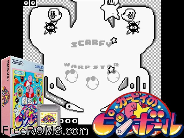 Kirby No Pinball (Japan) Gameboy Color game showing 3D box cover and gameplay screenshot