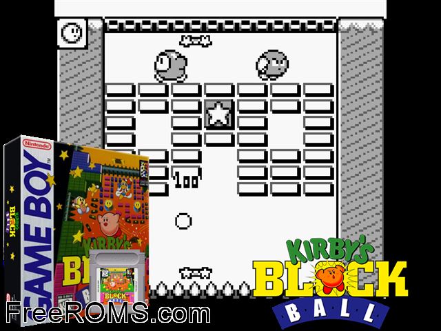 Kirbys Block Ball Gameboy Color game showing 3D box cover and gameplay screenshot