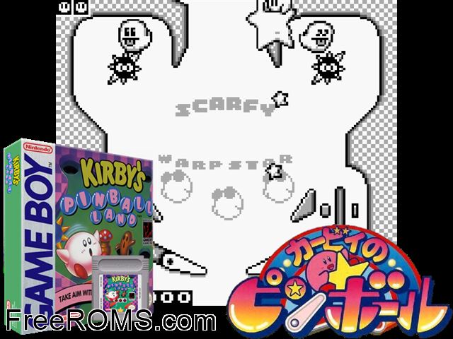 Kirbys Pinball Land Gameboy Color game showing 3D box cover and gameplay screenshot