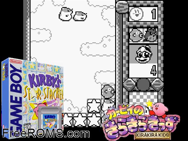Kirbys Star Stacker Gameboy Color game showing 3D box cover and gameplay screenshot