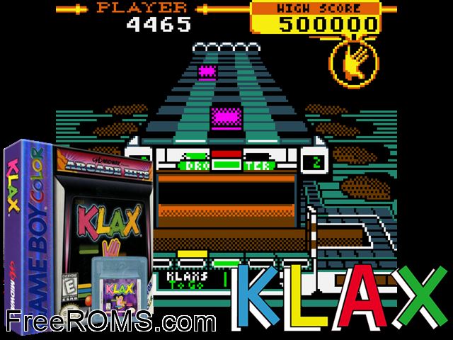 Klax Gameboy Color game showing 3D box cover and gameplay screenshot