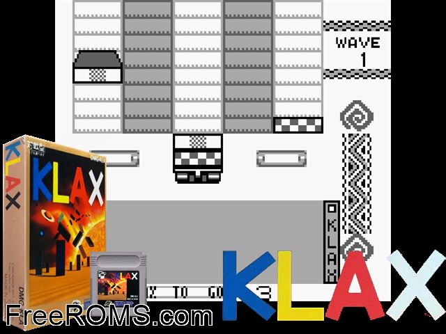 Klax (Japan) Gameboy Color game showing 3D box cover and gameplay screenshot