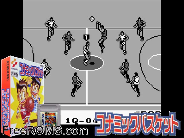 Konami Basketball (Japan) Gameboy Color game showing 3D box cover and gameplay screenshot
