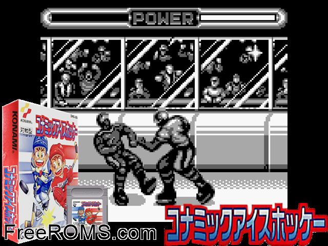 Konami Ice Hockey (Japan) Gameboy Color game showing 3D box cover and gameplay screenshot