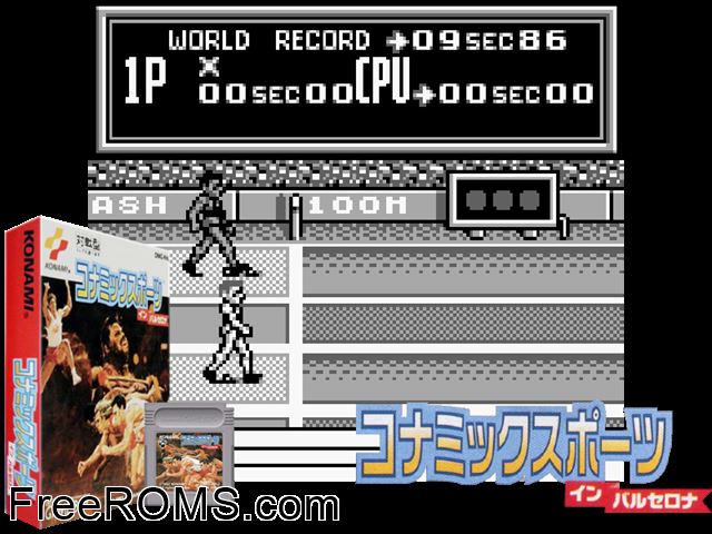 Konami Sports (Japan) Gameboy Color game showing 3D box cover and gameplay screenshot