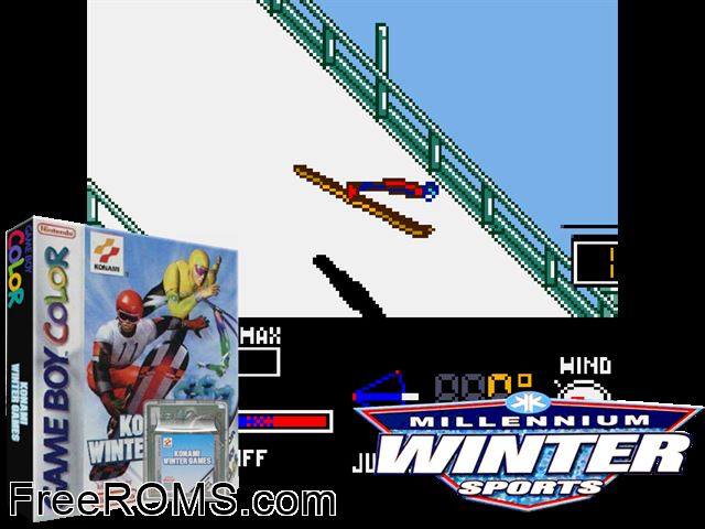 Konami Winter Games Gameboy Color game showing 3D box cover and gameplay screenshot
