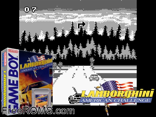 Lamborghini American Challenge Gameboy Color game showing 3D box cover and gameplay screenshot