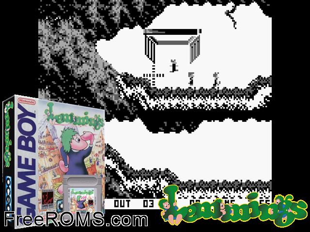 Lemmings Gameboy Color game showing 3D box cover and gameplay screenshot