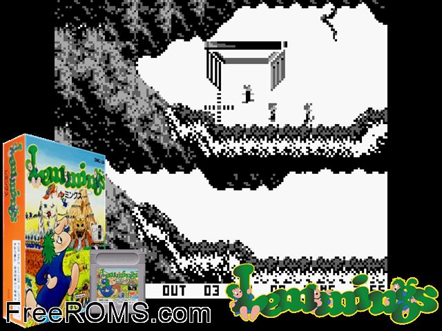 Lemmings (Japan) Gameboy Color game showing 3D box cover and gameplay screenshot