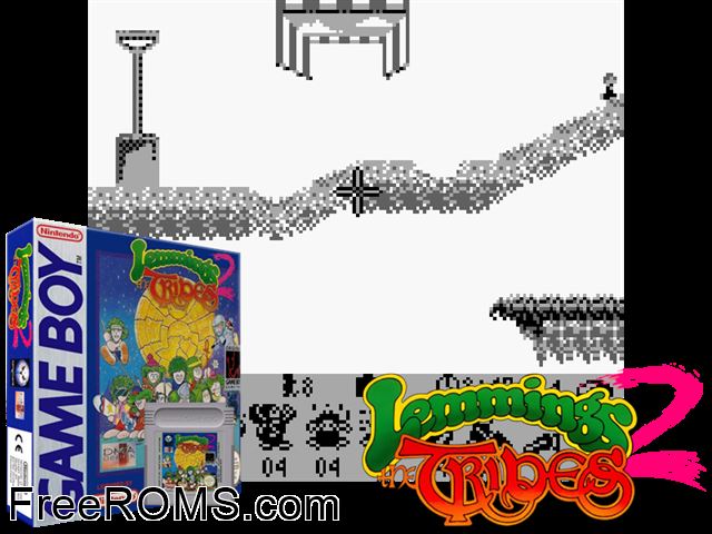 Lemmings 2 - The Tribes Gameboy Color game showing 3D box cover and gameplay screenshot