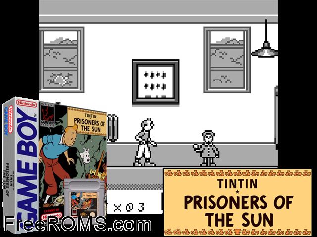 Les Aventures De Tintin - Le Temple Du Soleil Gameboy Color game showing 3D box cover and gameplay screenshot