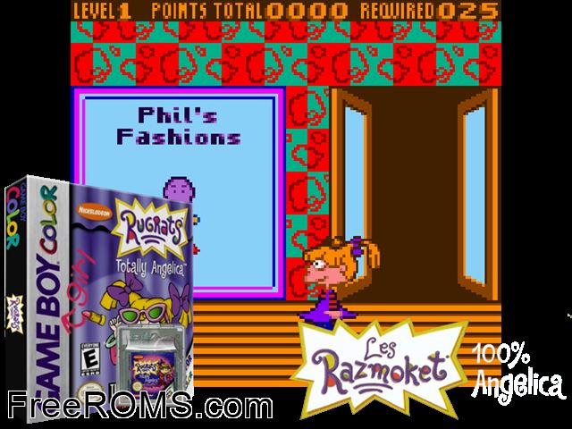 Les Razmoket - 100 Angelica (France) Gameboy Color game showing 3D box cover and gameplay screenshot