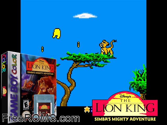 Lion King, The - Simbas Mighty Adventure Gameboy Color game showing 3D box cover and gameplay screenshot