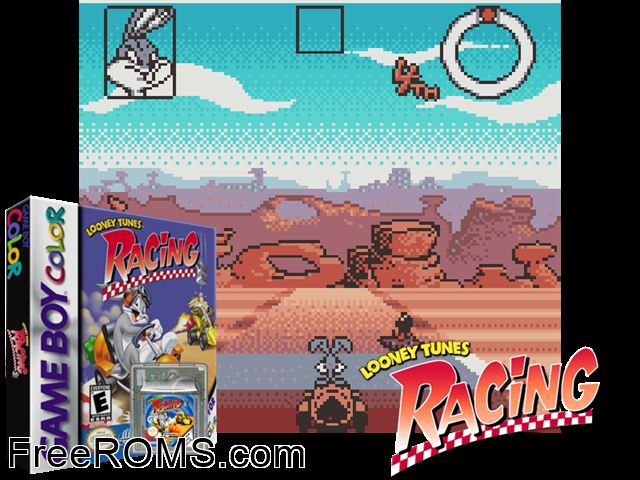 Looney Tunes Racing Gameboy Color game showing 3D box cover and gameplay screenshot