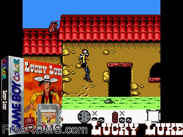 Lucky Luke Gameboy Color game showing 3D box cover and gameplay screenshot