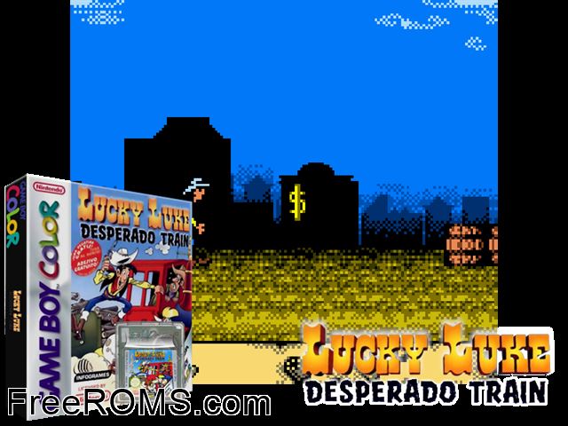 Lucky Luke - Desperado Train Gameboy Color game showing 3D box cover and gameplay screenshot