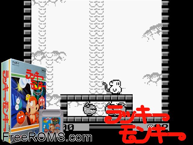 Lucky Monkey (Japan) Gameboy Color game showing 3D box cover and gameplay screenshot