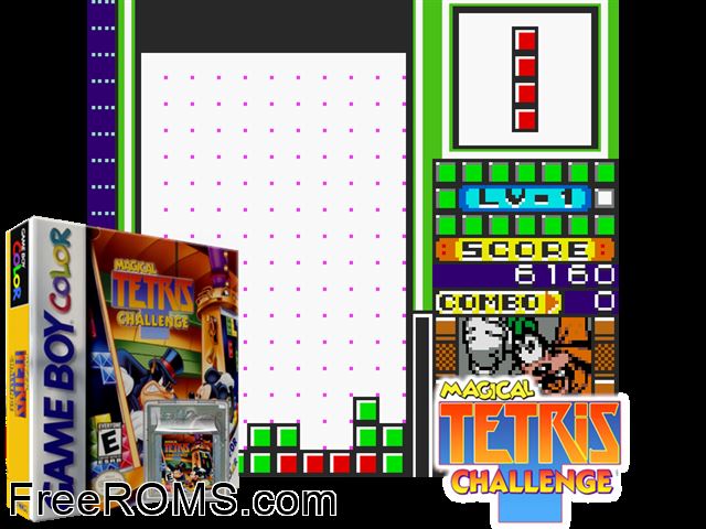 Magical Tetris Challenge Gameboy Color game showing 3D box cover and gameplay screenshot