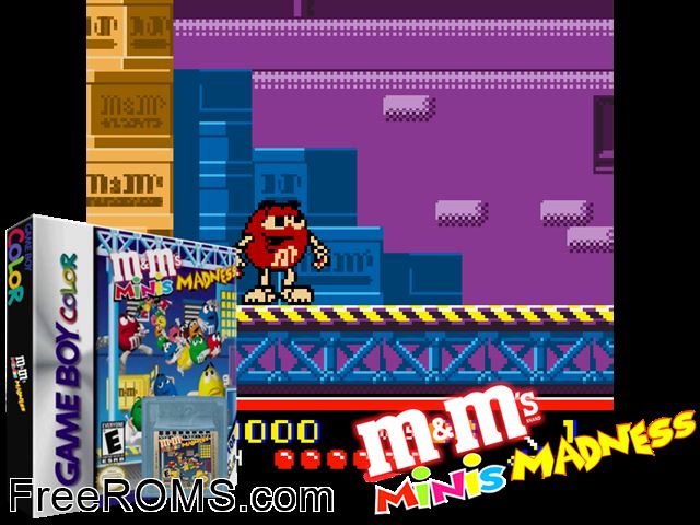 Mandms Minis Madness Gameboy Color game showing 3D box cover and gameplay screenshot