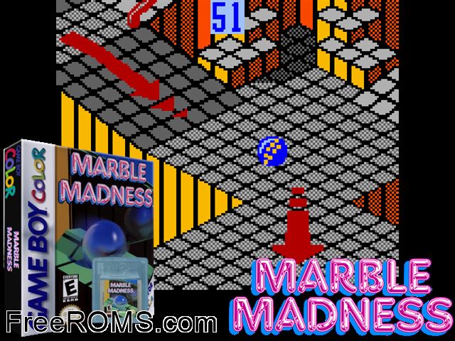 Marble Madness Gameboy Color game showing 3D box cover and gameplay screenshot