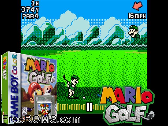 Mario Golf Gameboy Color game showing 3D box cover and gameplay screenshot