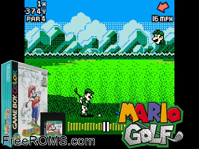 Mario Golf Gb (Japan) Gameboy Color game showing 3D box cover and gameplay screenshot