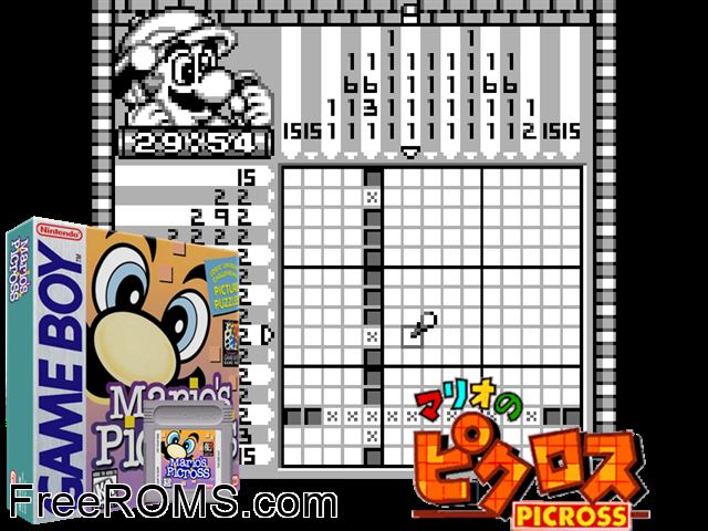 Marios Picross (Japan) Gameboy Color game showing 3D box cover and gameplay screenshot
