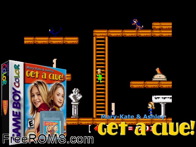 Mary-Kate And Ashley - Get A Clue! Gameboy Color game showing 3D box cover and gameplay screenshot