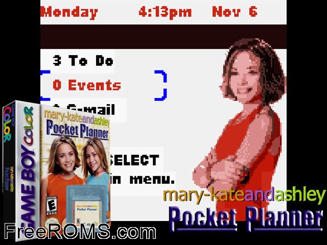 Mary-Kate And Ashley - Pocket Planner Gameboy Color game showing 3D box cover and gameplay screenshot
