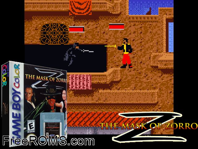 Mask Of Zorro, The Gameboy Color game showing 3D box cover and gameplay screenshot